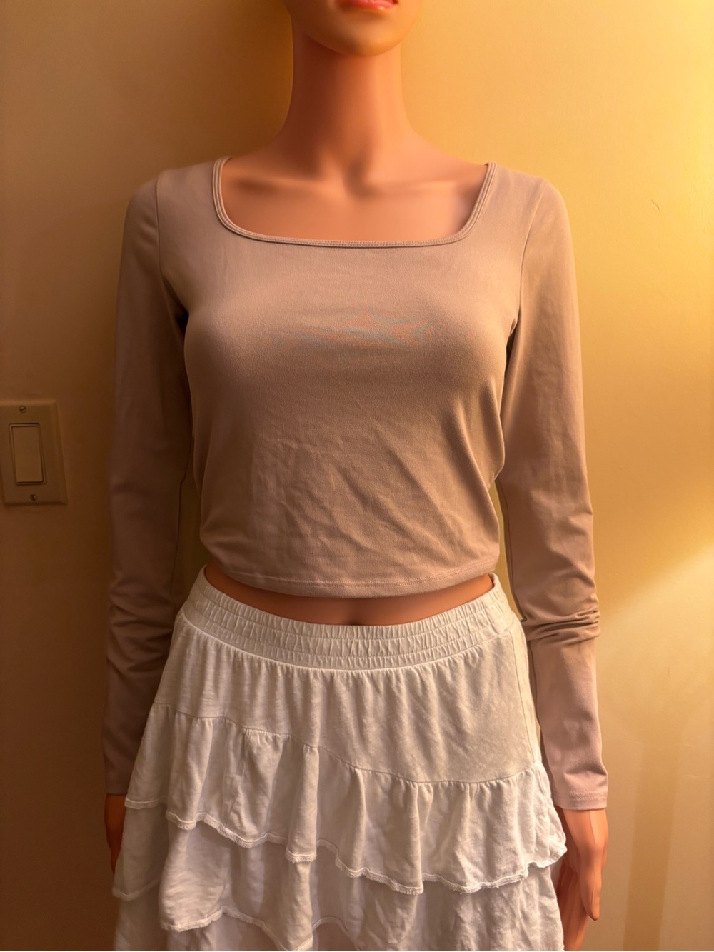 Hollister Beige Long Sleeve Square Neck Crop Top